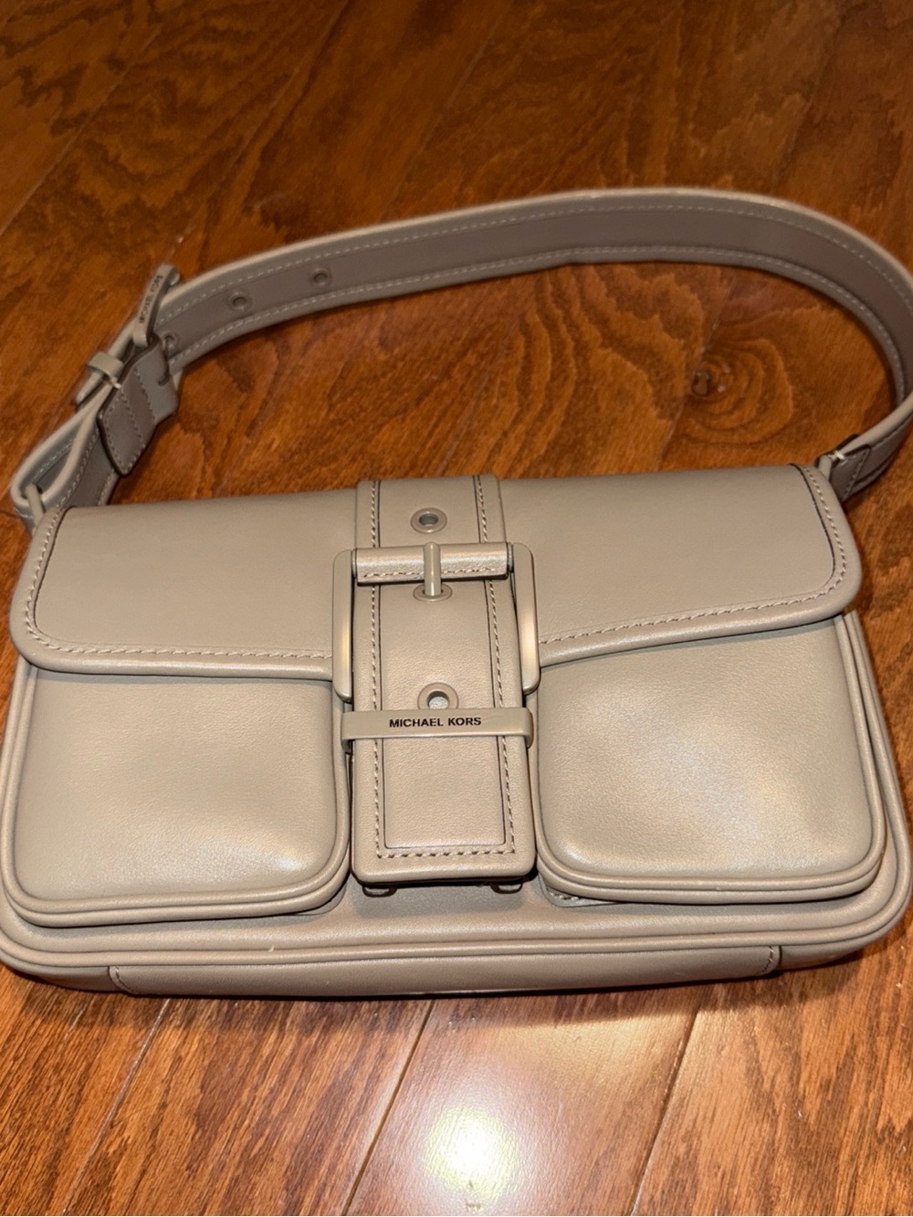 Michael Kors Light Gray Leather Shoulder Bag with Front Buckle